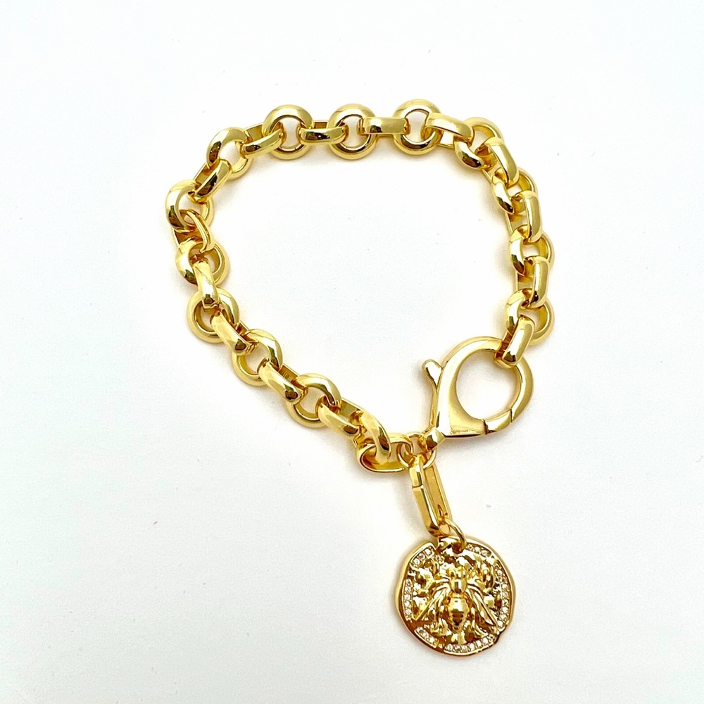 24K Gold Filled Heavy Round Chain Bracelet with detachable Queen Bee Cha…